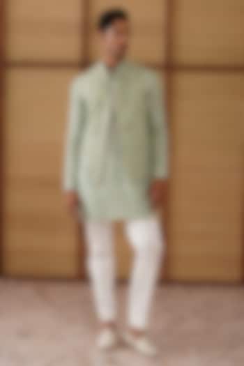 Sage Green Organza & Moga Silk Dori Work Nehru Jacket Set by ARJAN DUGAL