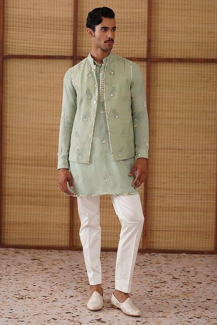 Sage Green Organza & Moga Silk Dori Work Nehru Jacket Set by ARJAN DUGAL
