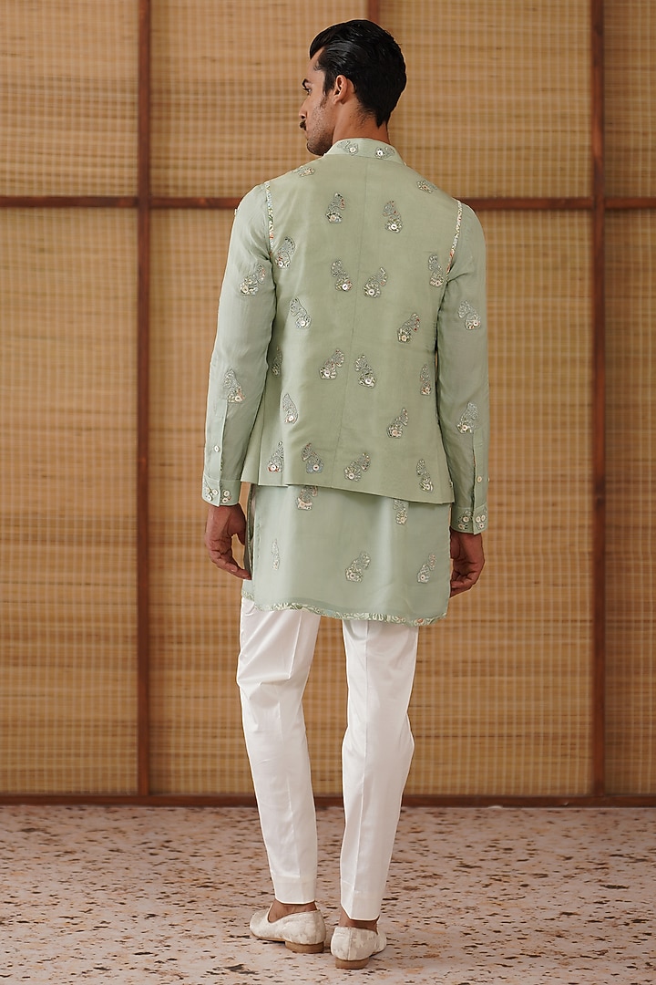 Sage Green Organza & Moga Silk Dori Work Nehru Jacket Set by ARJAN DUGAL at Pernia's Pop Up Shop