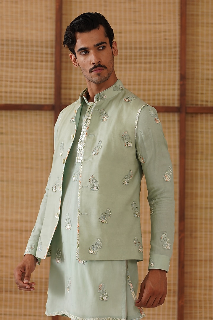 Sage Green Organza & Moga Silk Dori Work Nehru Jacket Set by ARJAN DUGAL at Pernia's Pop Up Shop
