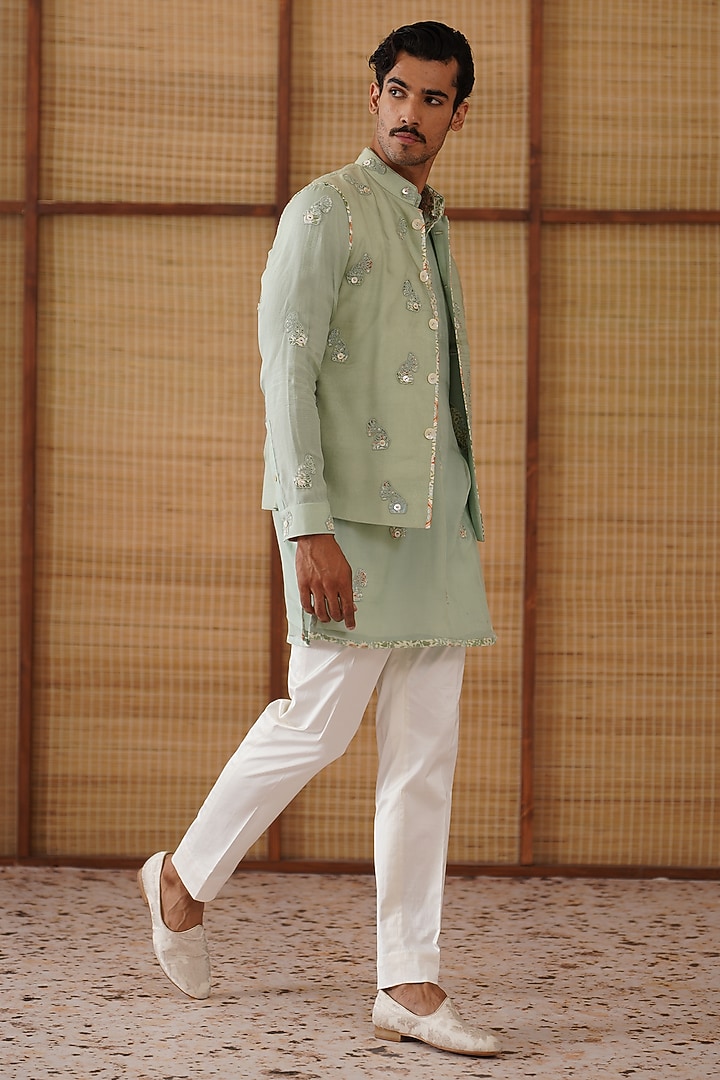 Sage Green Organza & Moga Silk Dori Embroidered Groom Bandhgala Set by ARJAN DUGAL at Pernia's Pop Up Shop