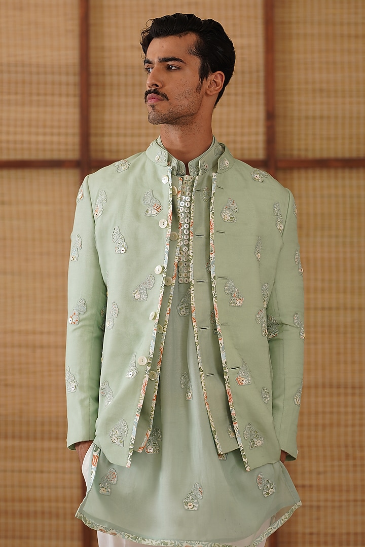 Sage Green Organza & Moga Silk Dori Embroidered Groom Bandhgala Set by ARJAN DUGAL at Pernia's Pop Up Shop