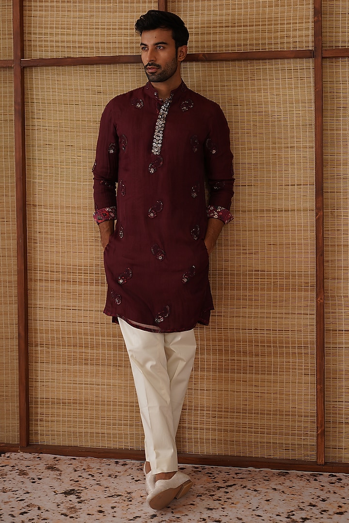 Burgundy Organza & Moga Silk Dori Work Kurta Set by ARJAN DUGAL at Pernia's Pop Up Shop