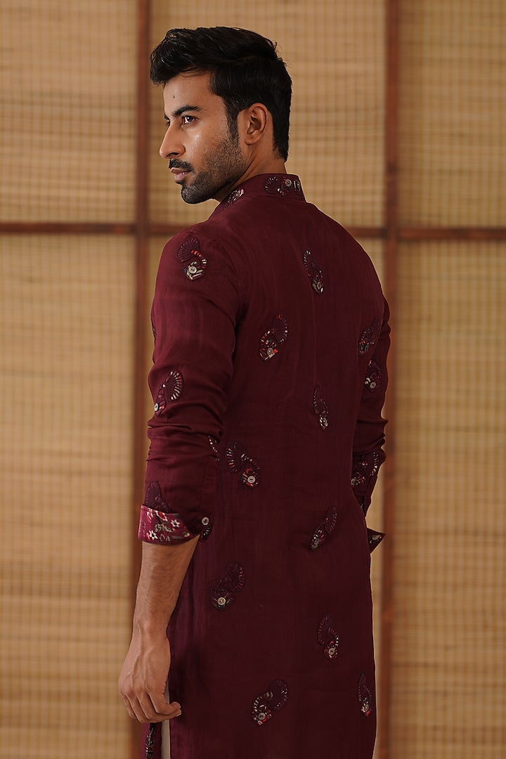 Burgundy Organza & Moga Silk Dori Work Kurta Set by ARJAN DUGAL at Pernia's Pop Up Shop