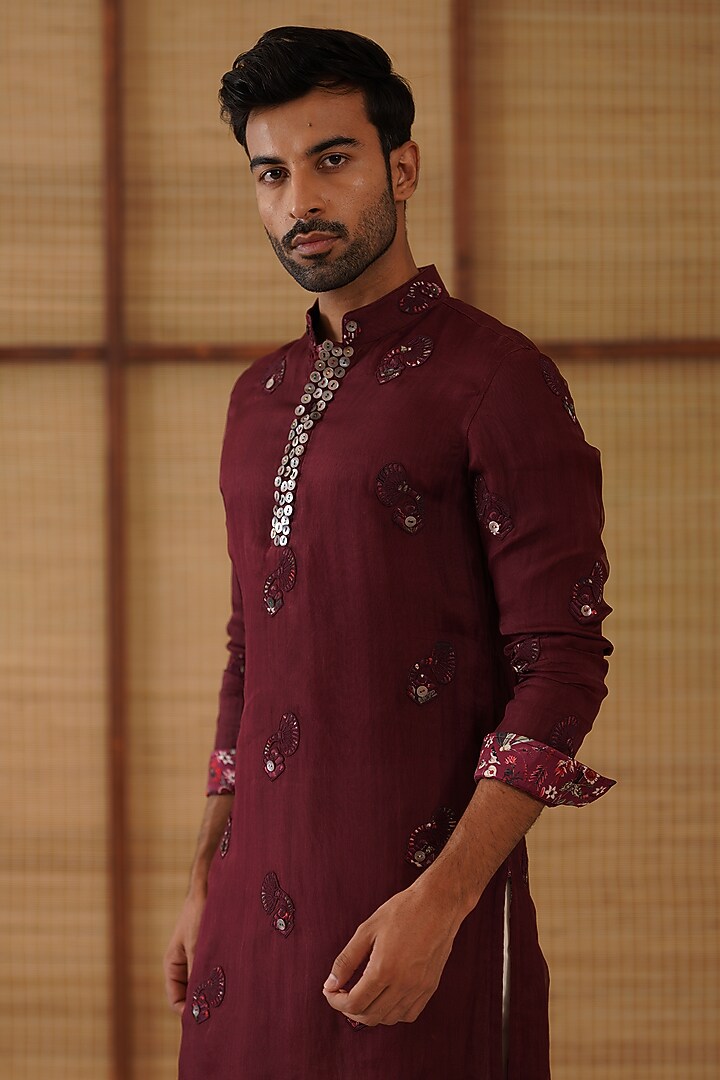 Burgundy Organza & Moga Silk Dori Work Kurta Set by ARJAN DUGAL at Pernia's Pop Up Shop