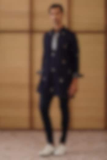 Navy Blue Organza & Moga Silk Dori Work Kurta Set by ARJAN DUGAL at Pernia's Pop Up Shop