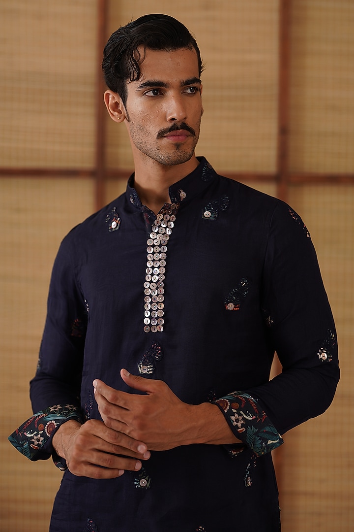 Navy Blue Organza & Moga Silk Dori Work Kurta Set by ARJAN DUGAL at Pernia's Pop Up Shop