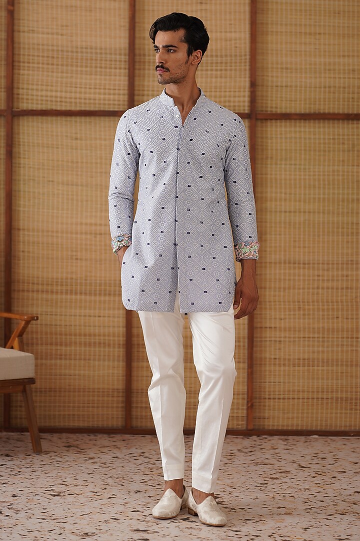 Persian Violet Chanderi Jaal Printed & Embroidered Kurta Set by ARJAN DUGAL at Pernia's Pop Up Shop