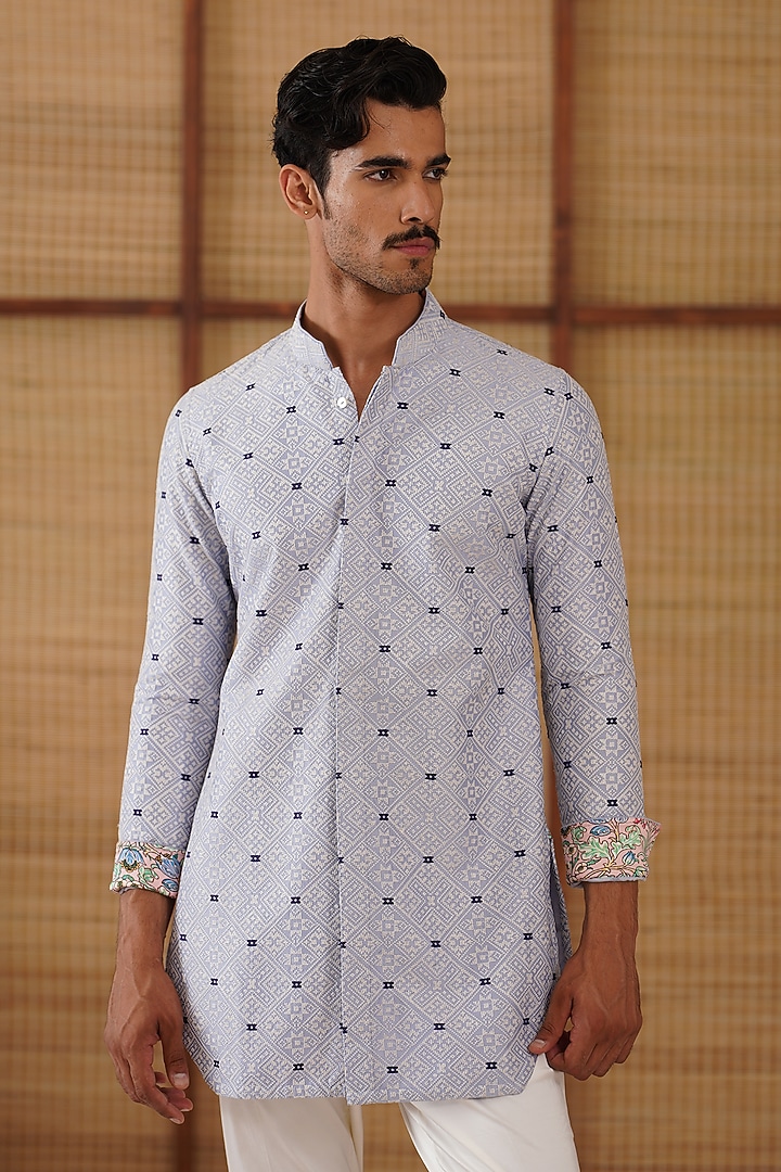 Persian Violet Chanderi Jaal Printed & Embroidered Kurta Set by ARJAN DUGAL at Pernia's Pop Up Shop