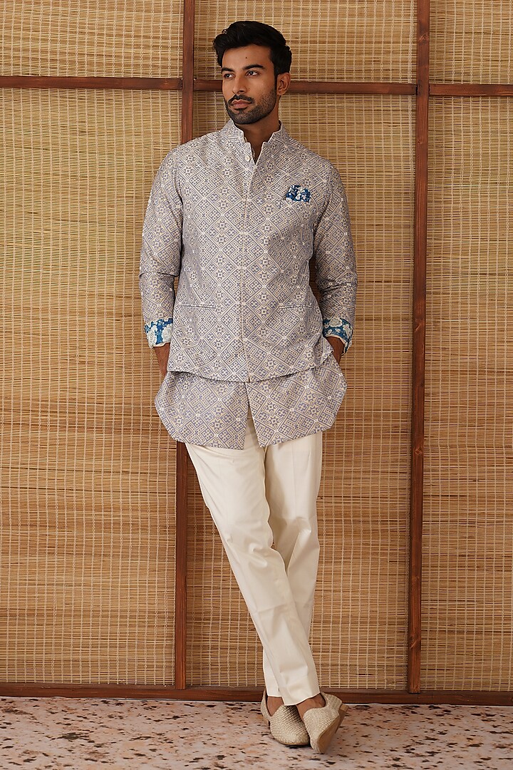 Persian Violet Chanderi Jaal Printed & Embroidered Nehru Jacket Set by ARJAN DUGAL