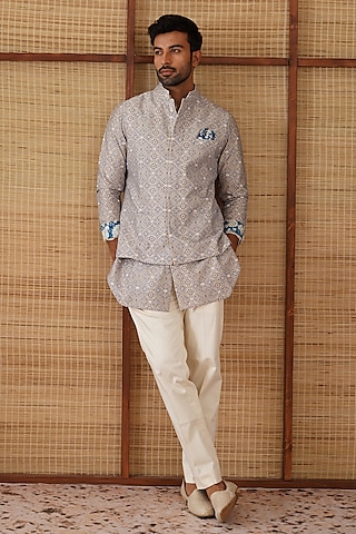 Persian Violet Chanderi Jaal Printed & Embroidered Nehru Jacket Set by ARJAN DUGAL