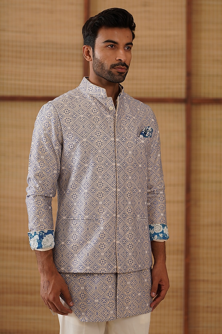 Persian Violet Chanderi Jaal Printed & Embroidered Nehru Jacket Set by ARJAN DUGAL at Pernia's Pop Up Shop