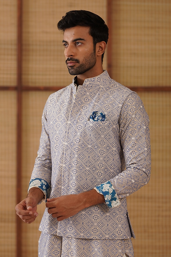 Persian Violet Chanderi Jaal Printed & Embroidered Nehru Jacket Set by ARJAN DUGAL at Pernia's Pop Up Shop