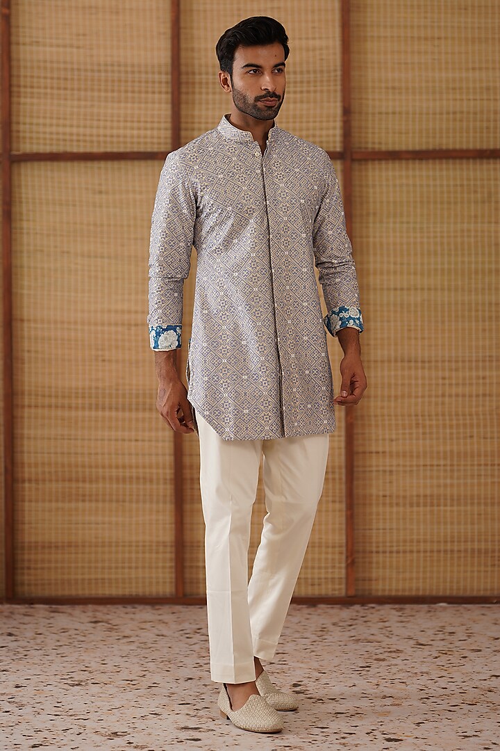 Champagne Chanderi Printed & Embroidered Kurta Set by ARJAN DUGAL at Pernia's Pop Up Shop