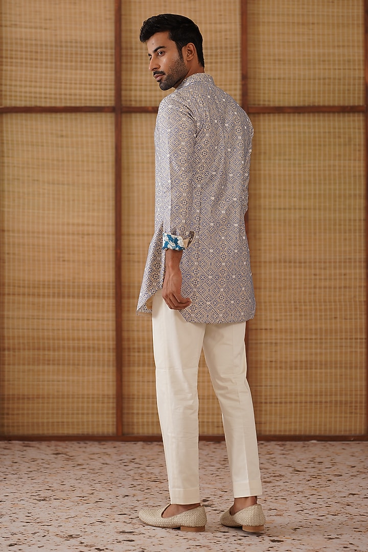 Champagne Chanderi Printed & Embroidered Kurta Set by ARJAN DUGAL at Pernia's Pop Up Shop