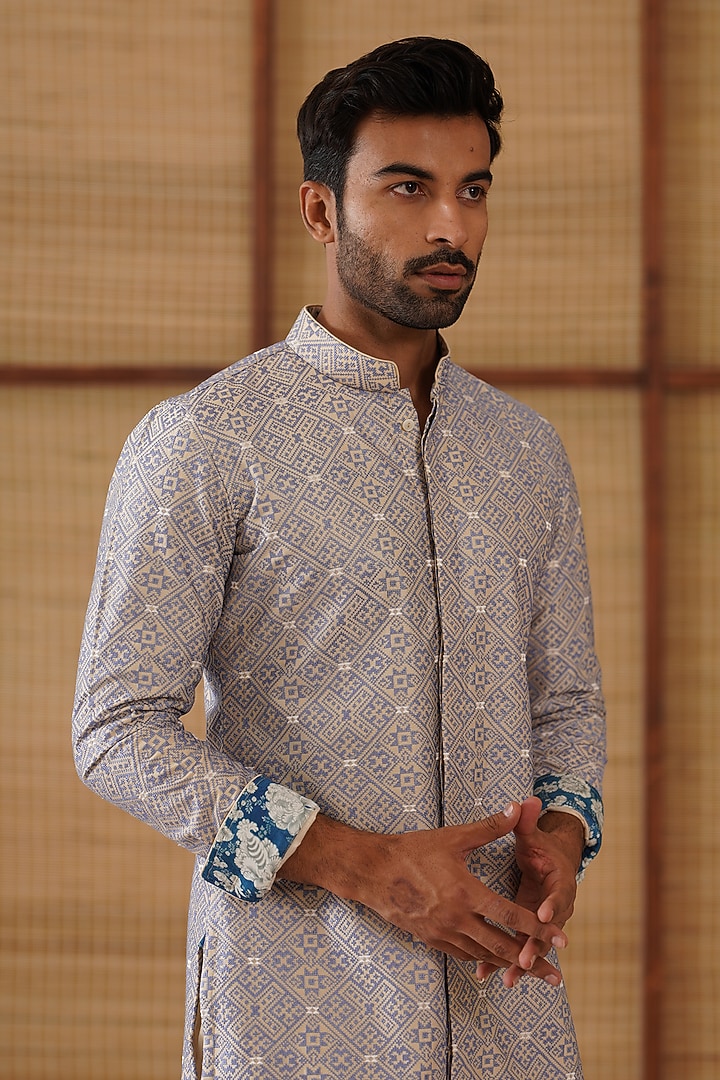 Champagne Chanderi Printed & Embroidered Kurta Set by ARJAN DUGAL at Pernia's Pop Up Shop