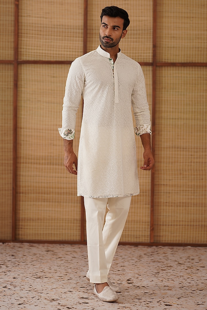 Ivory Organza Printed & Embroidered Kurta Set by ARJAN DUGAL