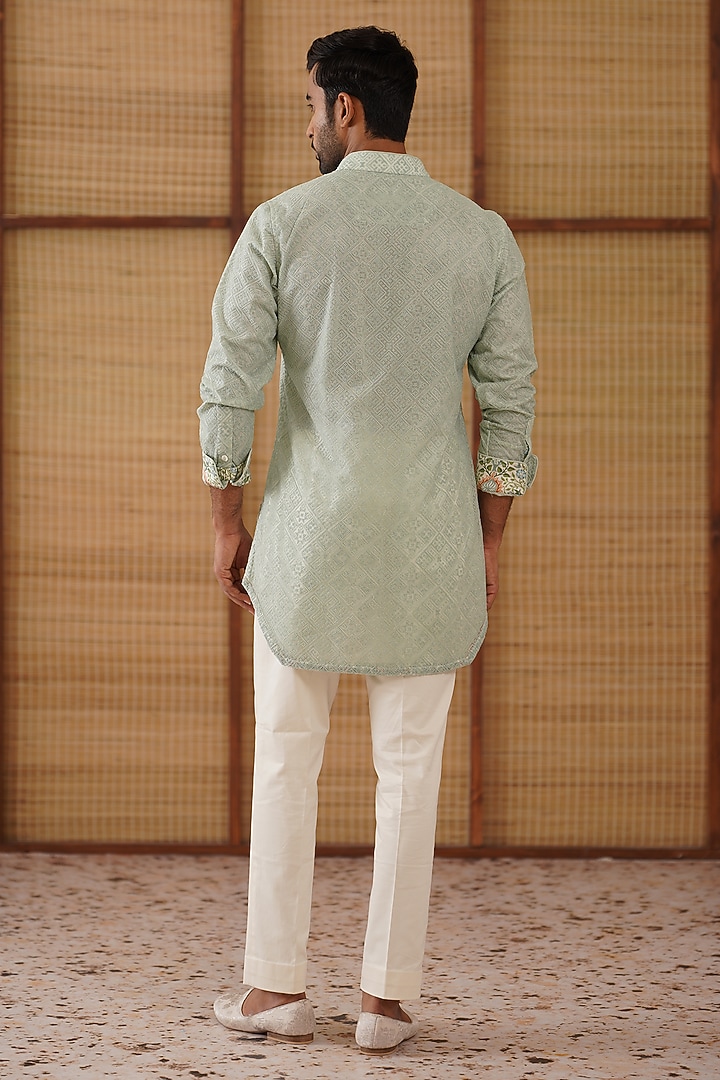 Sage Green Sheer Organza Jaal Printed & Embroidered Kurta Set by ARJAN DUGAL at Pernia's Pop Up Shop