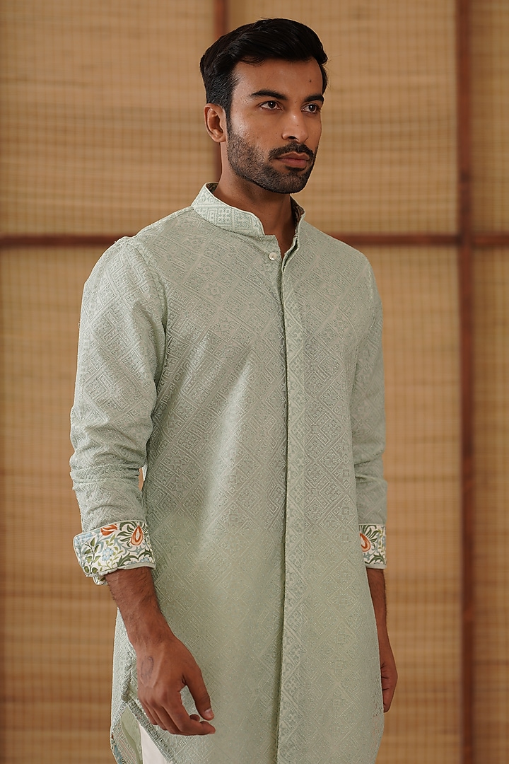 Sage Green Sheer Organza Jaal Printed & Embroidered Kurta Set by ARJAN DUGAL at Pernia's Pop Up Shop