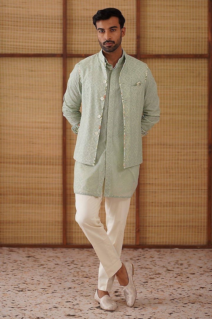 Sage Green Organza Jaal Printed & Embroidered Nehru Jacket Set by ARJAN DUGAL