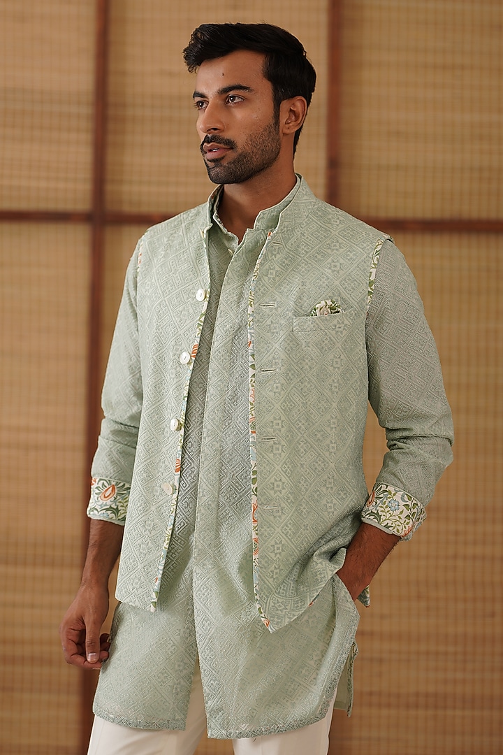 Sage Green Organza Jaal Printed & Embroidered Nehru Jacket Set by ARJAN DUGAL at Pernia's Pop Up Shop