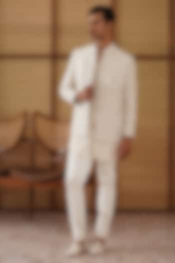 Ivory Pure Sheer Organza Bead Hand Embroidered Nehru Jacket Set by ARJAN DUGAL