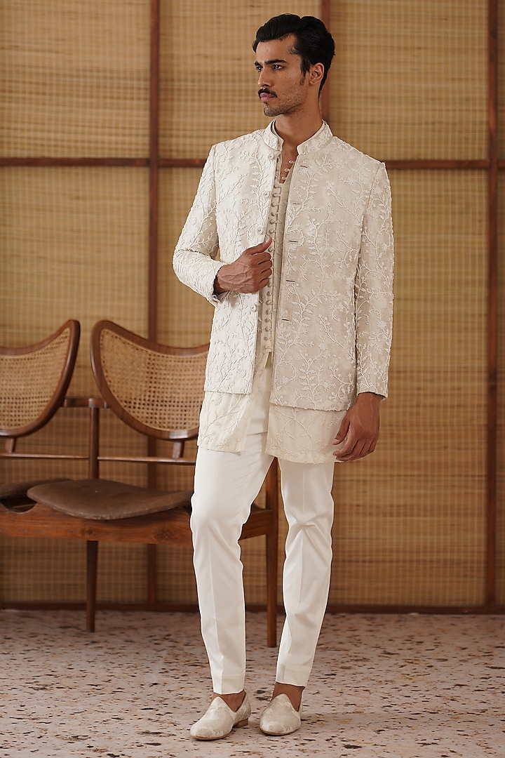 Ivory Pure Sheer Organza Bead Hand Embroidered Nehru Jacket Set by ARJAN DUGAL