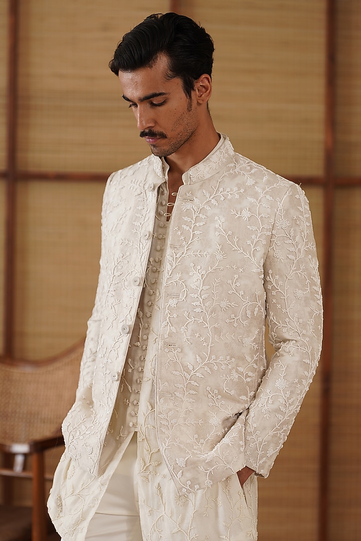 Ivory Pure Sheer Organza Bead Hand Embroidered Nehru Jacket Set by ARJAN DUGAL at Pernia's Pop Up Shop