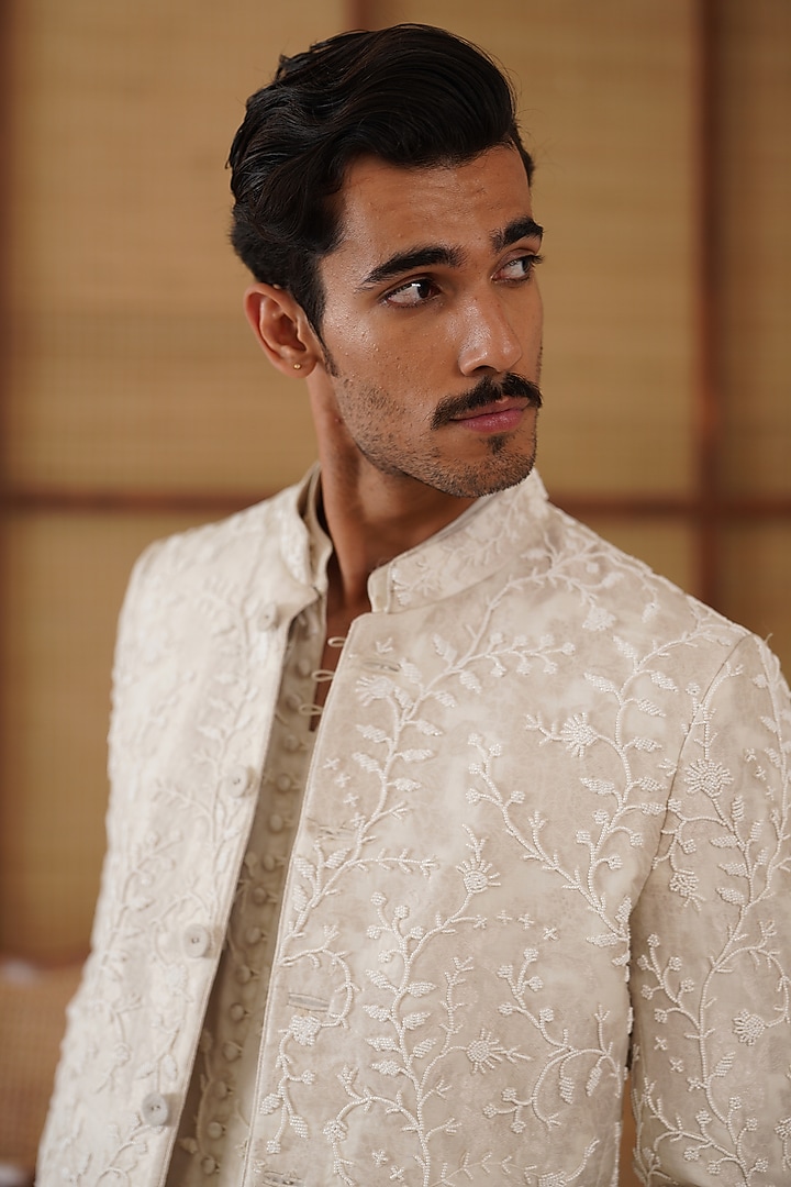 Ivory Pure Sheer Organza Bead Hand Embroidered Nehru Jacket Set by ARJAN DUGAL at Pernia's Pop Up Shop