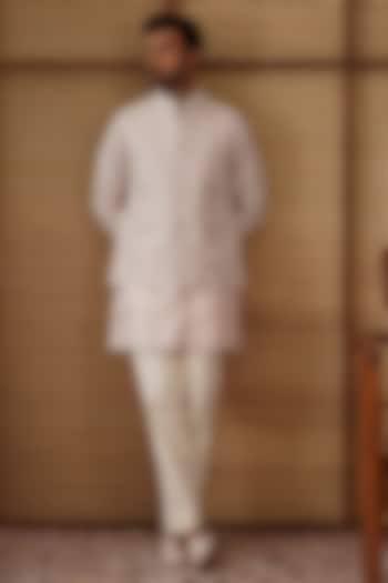 Powder Pink Pure Sheer Organza Bead Hand Embroidered Nehru Jacket Set by ARJAN DUGAL