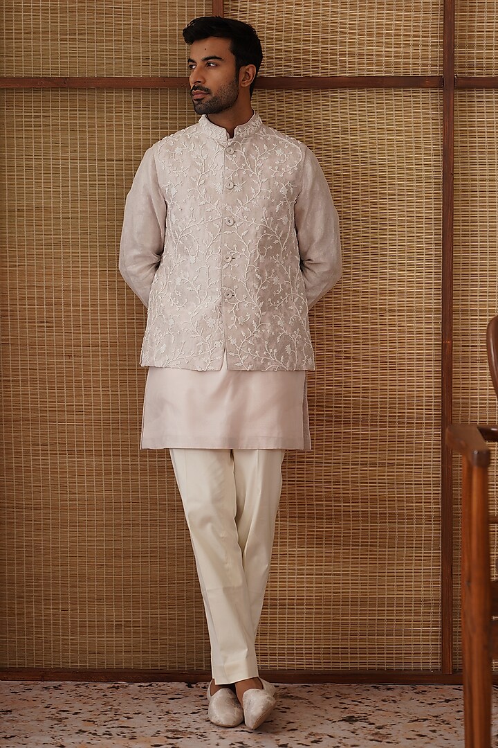 Powder Pink Pure Sheer Organza Bead Hand Embroidered Nehru Jacket Set by ARJAN DUGAL