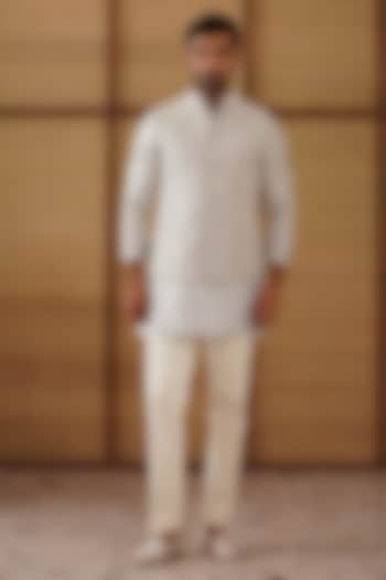 Powder Blue Pure Sheer Organza Bead Hand Embroidered Nehru Jacket Set by ARJAN DUGAL
