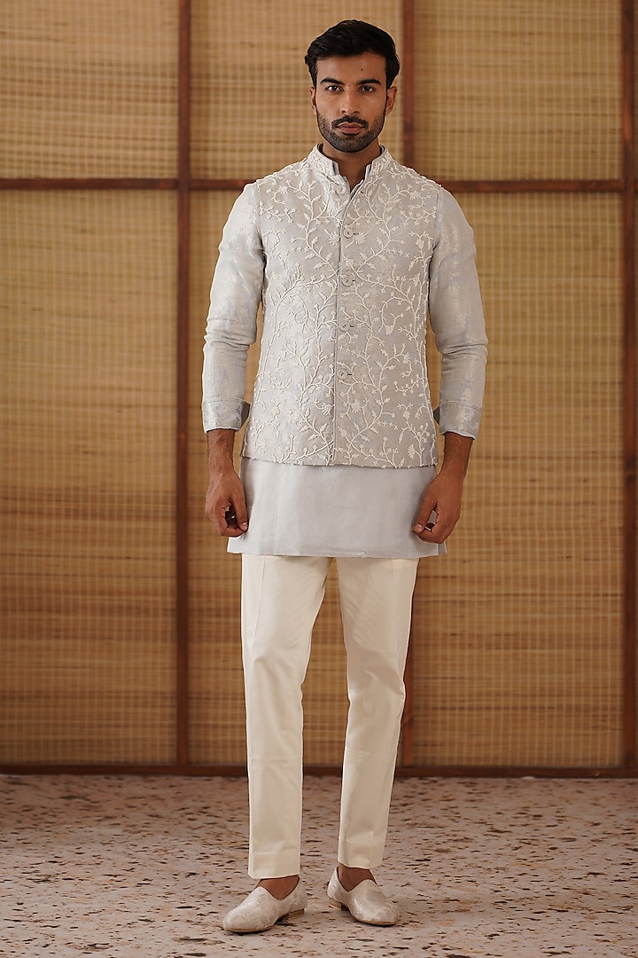 Powder Blue Pure Sheer Organza Bead Hand Embroidered Nehru Jacket Set by ARJAN DUGAL