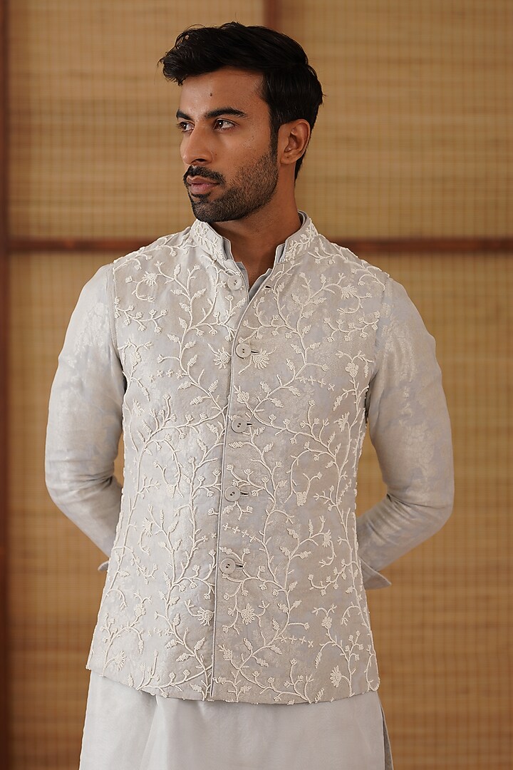 Powder Blue Pure Sheer Organza Bead Hand Embroidered Nehru Jacket Set by ARJAN DUGAL at Pernia's Pop Up Shop
