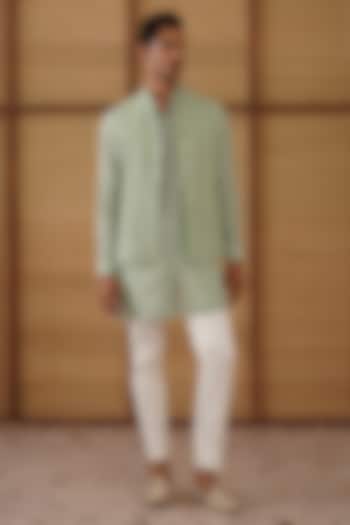 Sage Green Pure Sheer Organza Bead Hand Embroidered Nehru Jacket Set by ARJAN DUGAL