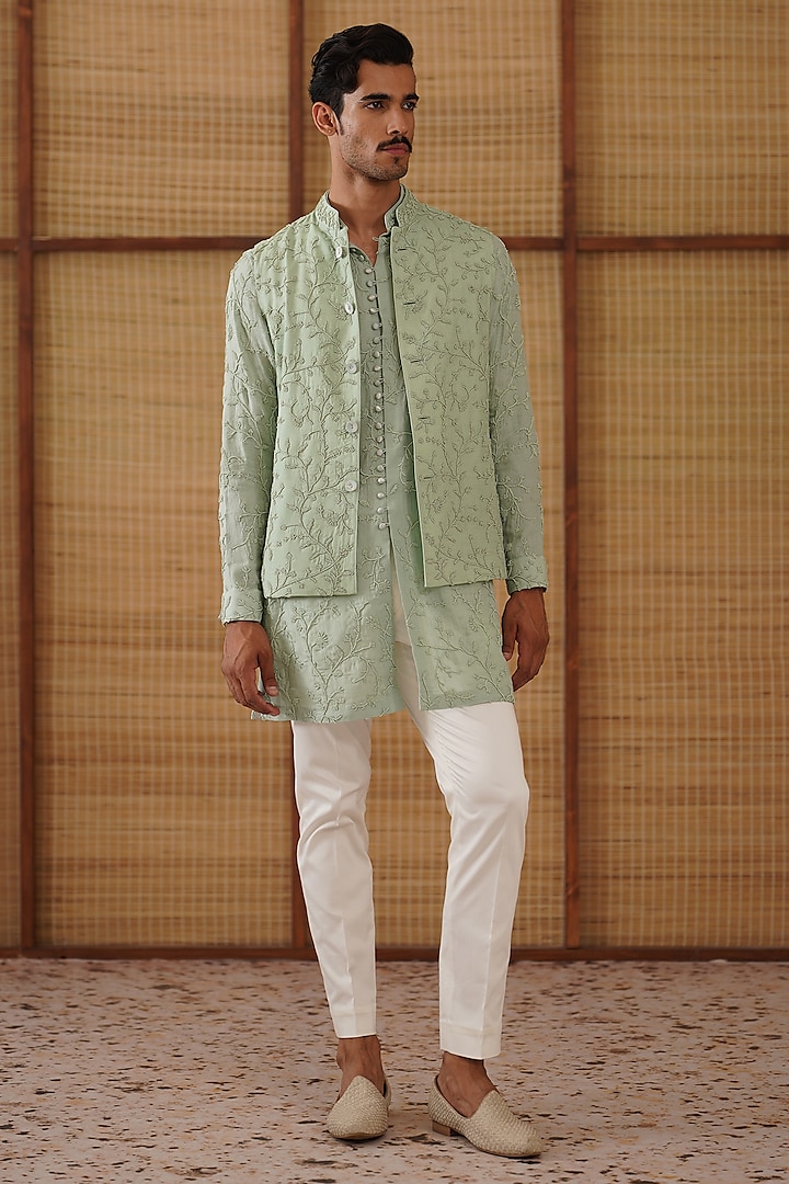 Sage Green Pure Sheer Organza Bead Hand Embroidered Nehru Jacket Set by ARJAN DUGAL