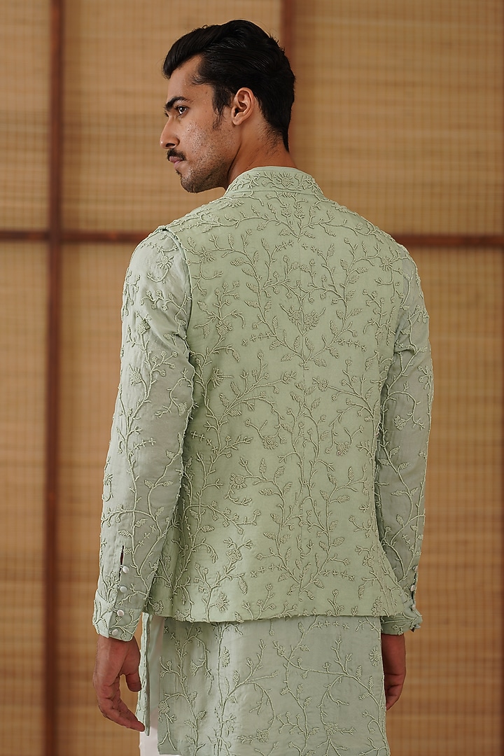 Sage Green Pure Sheer Organza Bead Hand Embroidered Nehru Jacket Set by ARJAN DUGAL at Pernia's Pop Up Shop