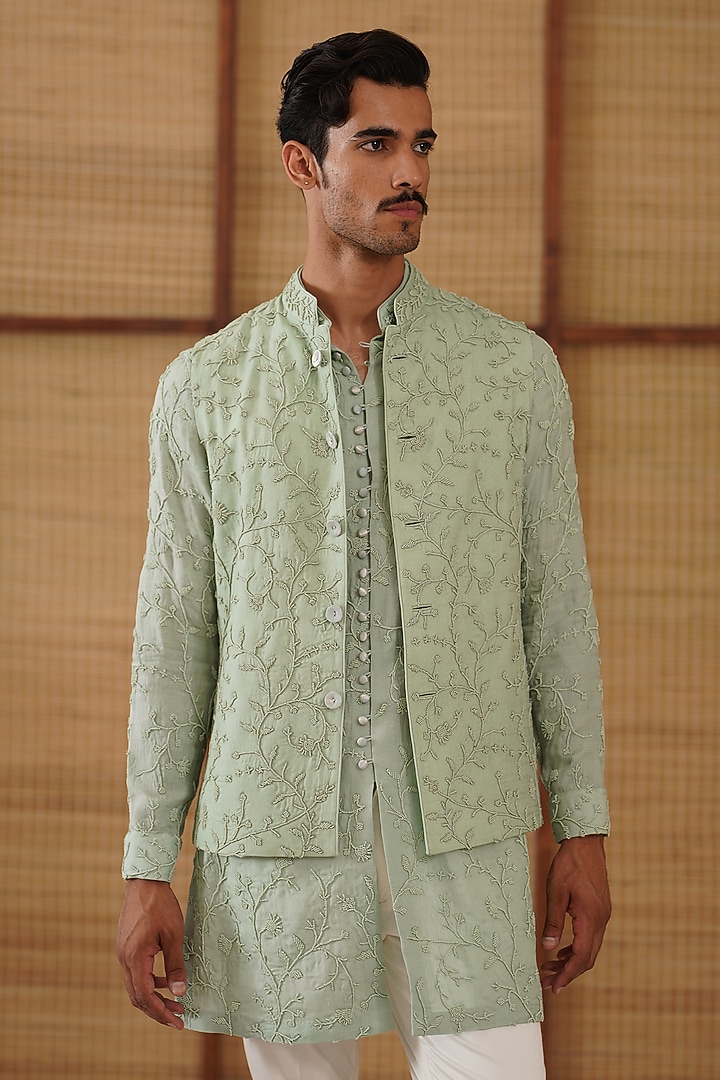 Sage Green Pure Sheer Organza Bead Hand Embroidered Nehru Jacket Set by ARJAN DUGAL at Pernia's Pop Up Shop