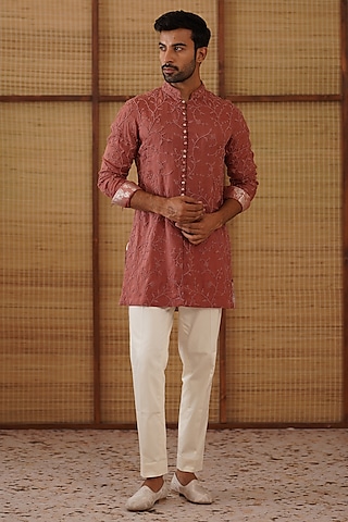 Terracotta Organza & Banarasi Bead Work Kurta Set by ARJAN DUGAL