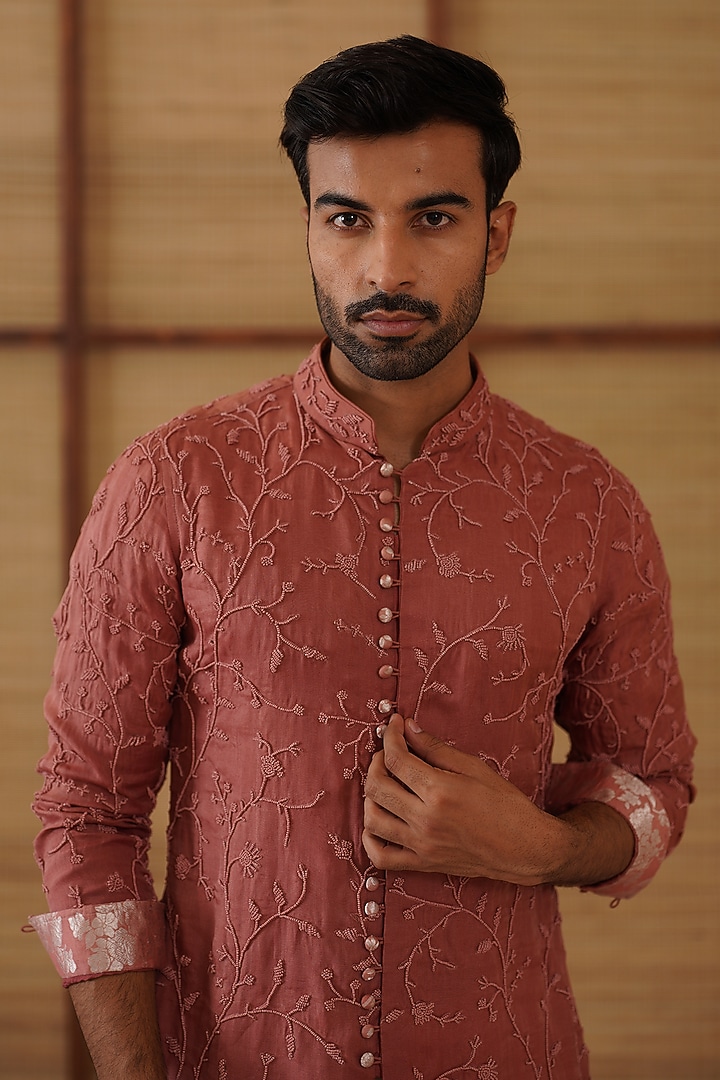 Terracotta Organza & Banarasi Bead Work Kurta Set by ARJAN DUGAL at Pernia's Pop Up Shop
