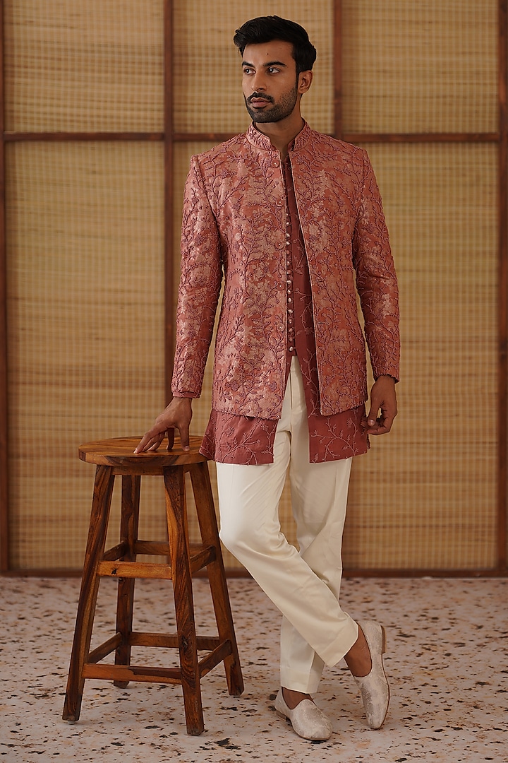 Terracotta Pure Sheer Organza Bead Hand Embroidered Bandhgala Set by ARJAN DUGAL