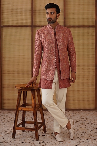 Terracotta Pure Sheer Organza Bead Hand Embroidered Bandhgala Set by ARJAN DUGAL