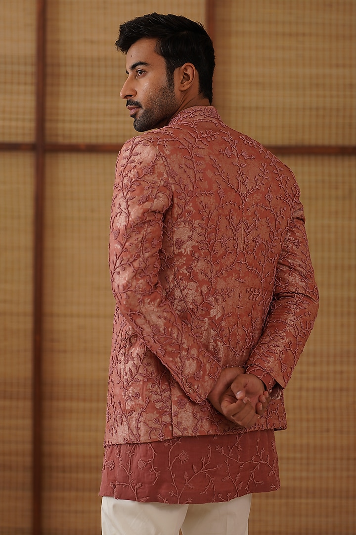 Terracotta Pure Sheer Organza Bead Hand Embroidered Groom Bandhgala Set by ARJAN DUGAL at Pernia's Pop Up Shop