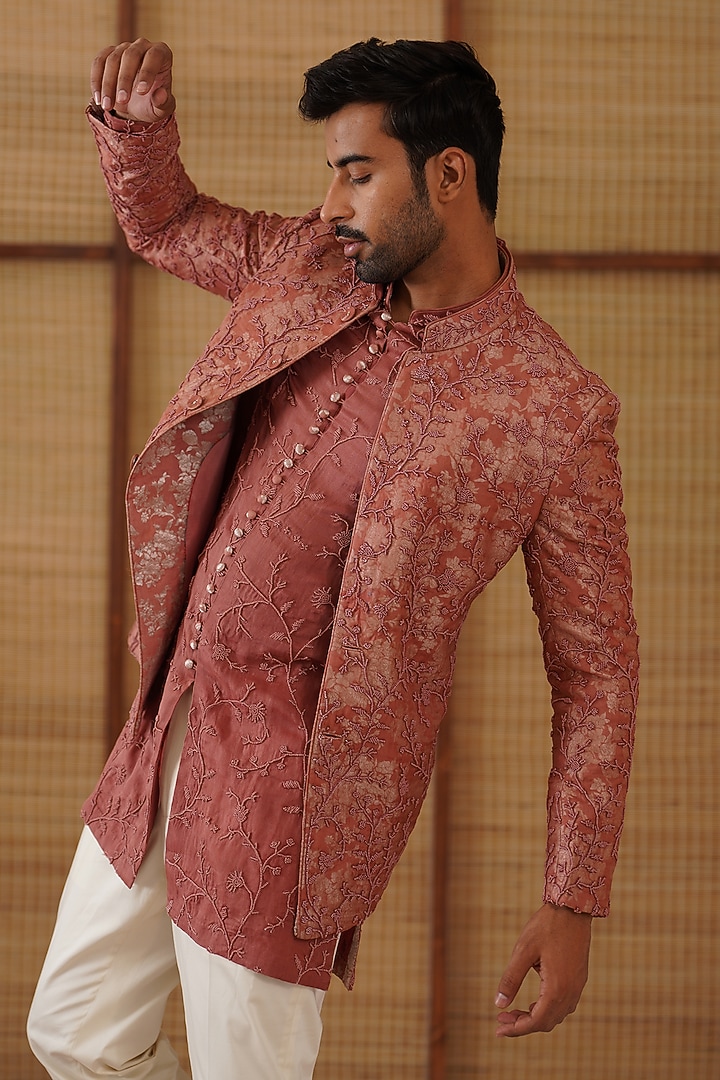 Terracotta Pure Sheer Organza Bead Hand Embroidered Groom Bandhgala Set by ARJAN DUGAL at Pernia's Pop Up Shop
