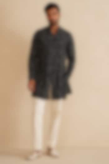 Moss Green Pure Sheer Organza Bead Hand Embroidered Nehru Jacket Set by ARJAN DUGAL
