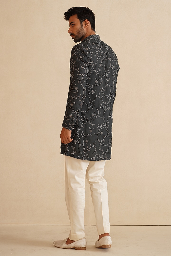 Moss Green Pure Sheer Organza Bead Hand Embroidered Nehru Jacket Set by ARJAN DUGAL at Pernia's Pop Up Shop