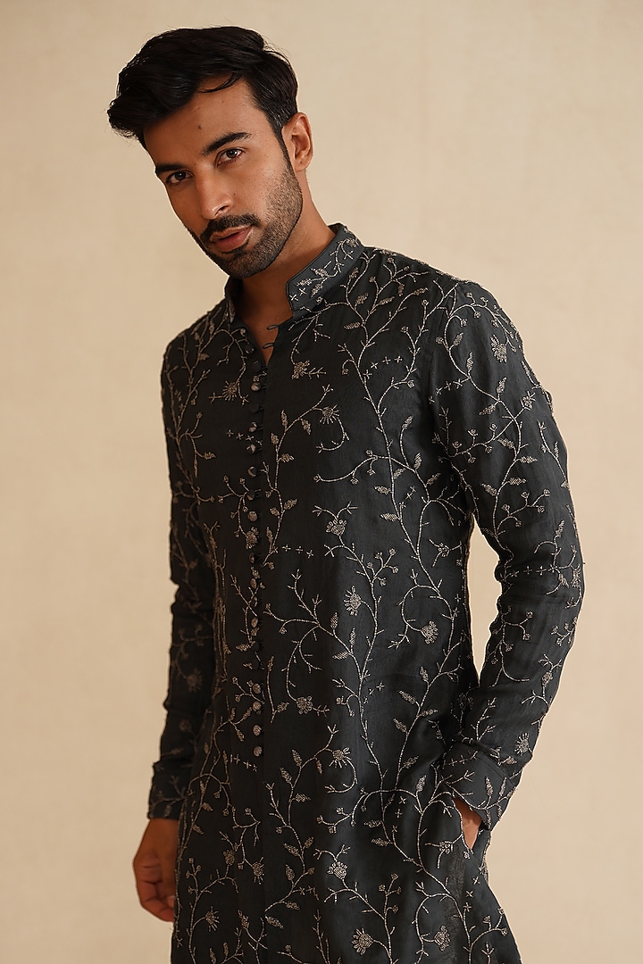 Moss Green Pure Sheer Organza Bead Hand Embroidered Nehru Jacket Set by ARJAN DUGAL at Pernia's Pop Up Shop