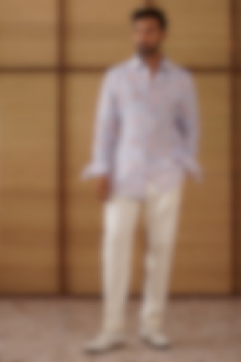 Powder Blue Linen Floral Printed Co-Ord Set by ARJAN DUGAL