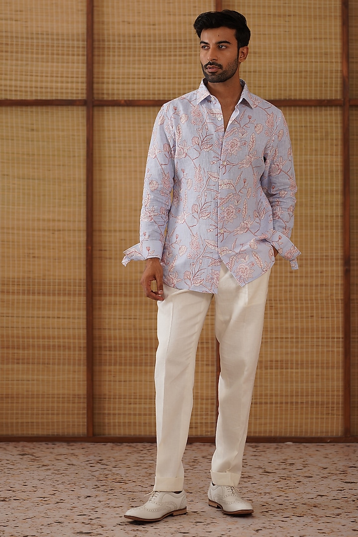Powder Blue Linen Floral Printed Co-Ord Set by ARJAN DUGAL