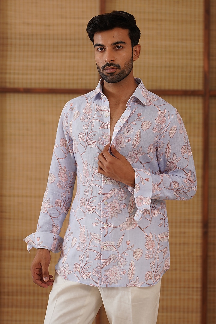 Powder Blue Linen Floral Printed Co-Ord Set by ARJAN DUGAL at Pernia's Pop Up Shop